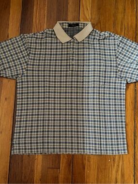 Classic Blue Plaid Polo Shirt with Contrast Collar